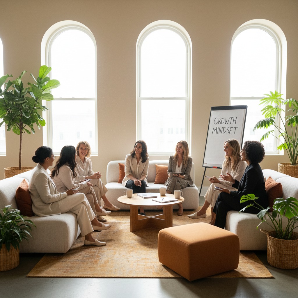 A diverse group of professional women sits on sofas in a sunlit office, discussing a growth mindset presentation on a whiteboard.